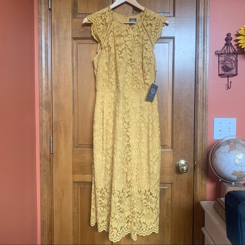 NWT Vince Camuto mustard yellow lace midi dress